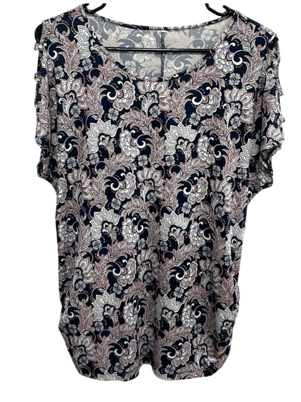Large Paisley Cold Shoulder Sleeve Top Button Ruched Sides Boho Floralcore